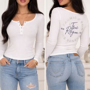 True Religion White Long Sleeve Tee with Button Detail